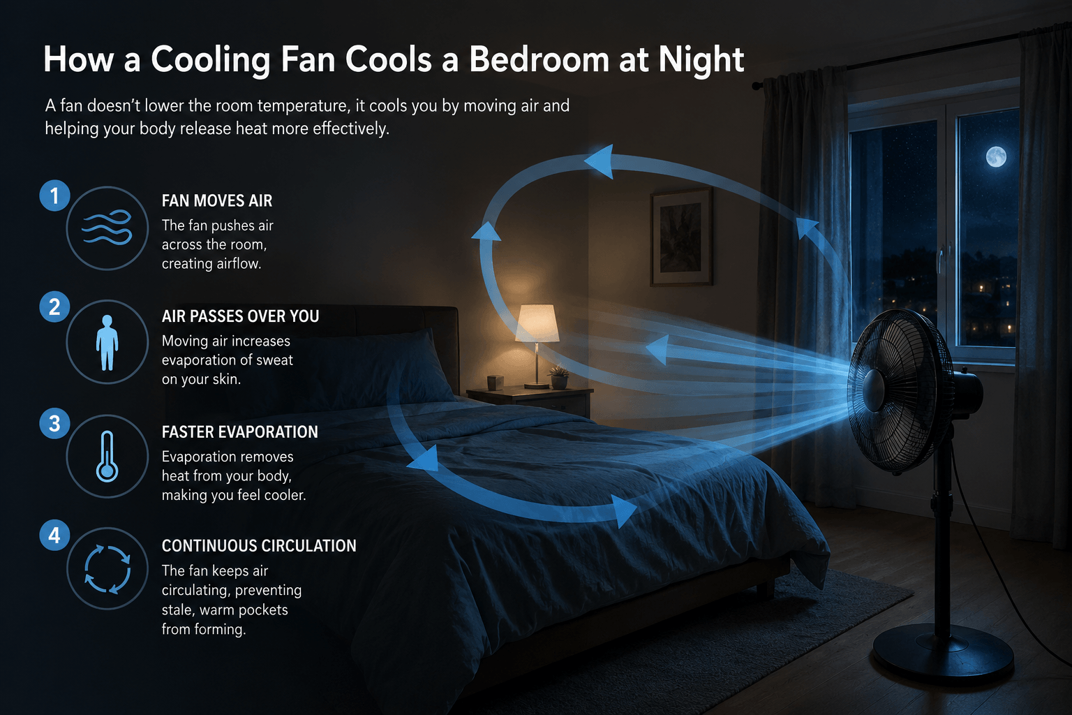 How cooling fans cool a bedroom at night Infographic showing cooling process of cooling fans in a bedroom