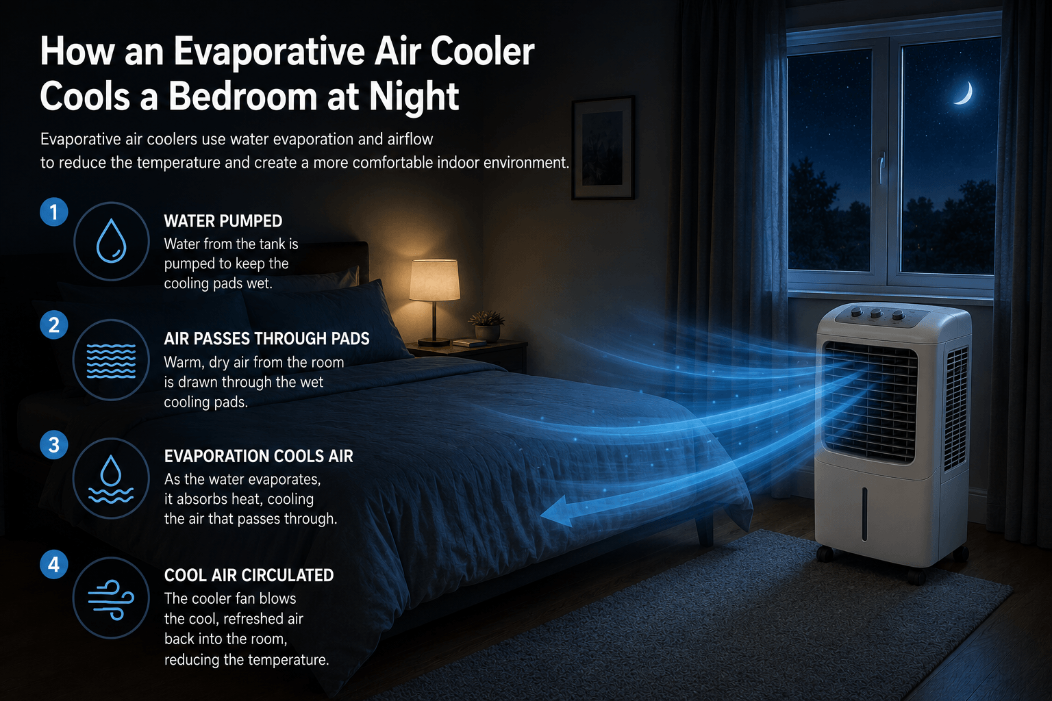 How evaporative air coolers cool a bedroom at night Infographic showing cooling process of evaporative air coolers in a bedroom