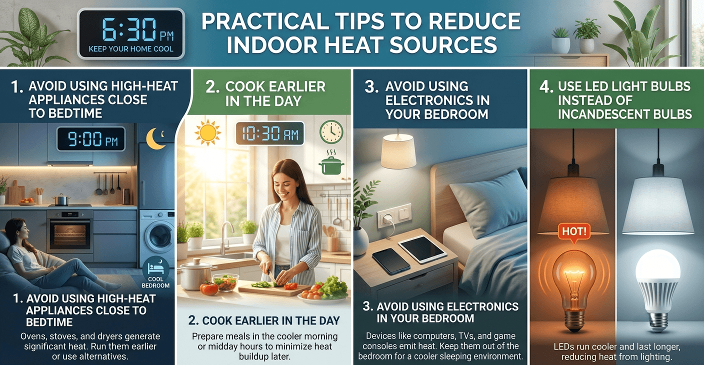 Practical tips to reduce indoor heat Infographic showing ways to reduce indoor heat sources