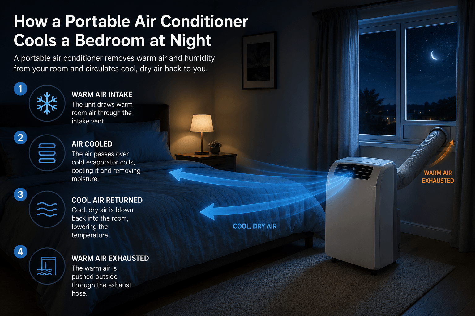 How portable air conditioners cool a bedroom at night Infographic showing cooling process of portable air conditioner in a bedroom