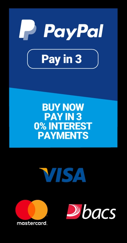 Pay by Visa, Mastercard, BACS or PayPal - including PayPal Pay in 3