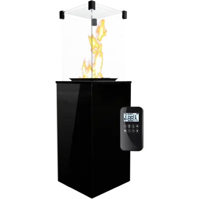 Kratki Real Flame Patio Heater - Black Glass Base Panels - Remote Control