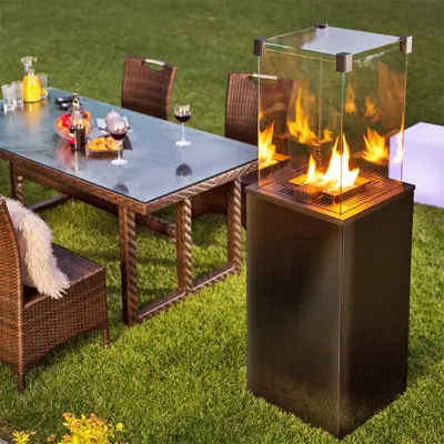 Kratki Real Flame Patio Heater - Black Glass Base Panels - Remote Control